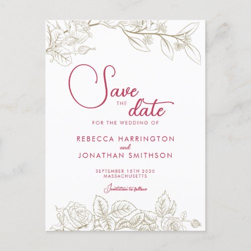 Floral Magenta Pink Gold Wedding Save The Date Postcard