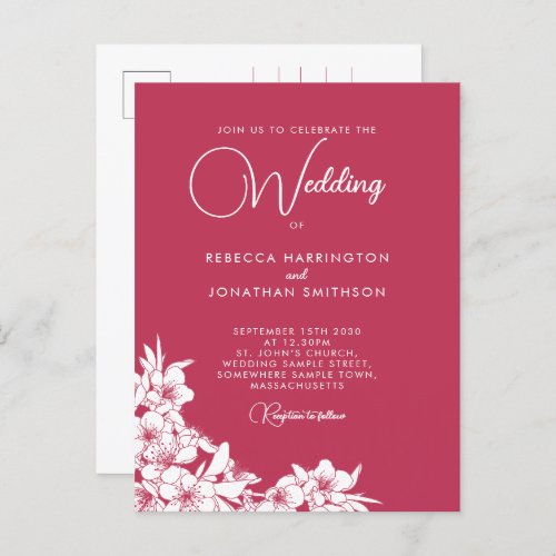 Floral Magenta Pink Minimalist Wedding Invitation Postcard