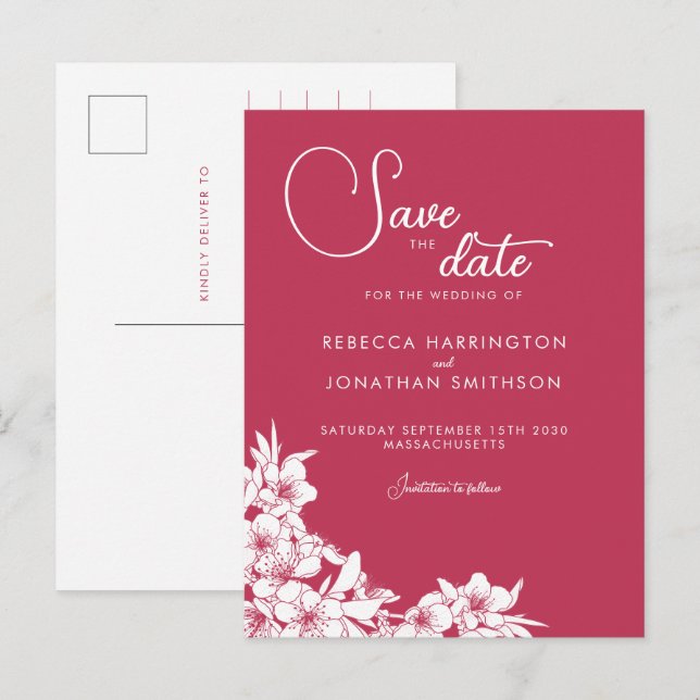 Floral Magenta Pink Wedding Save The Date Postcard (Front/Back)