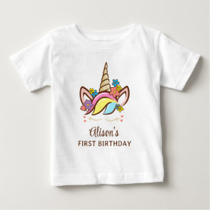 Floral Magical Unicorn Colorful Birthday Girl Name Baby T-Shirt