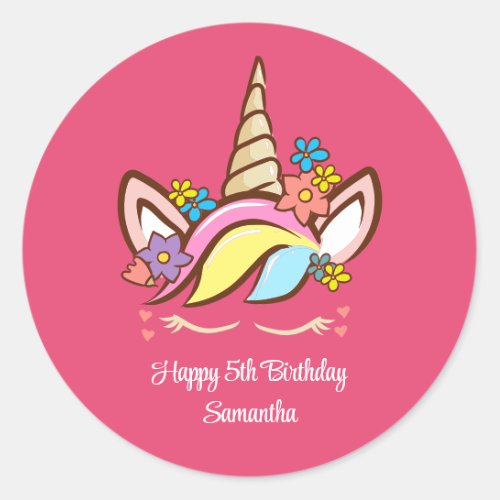 Floral Magical Unicorn Colorful Girl Birthday Classic Round Sticker