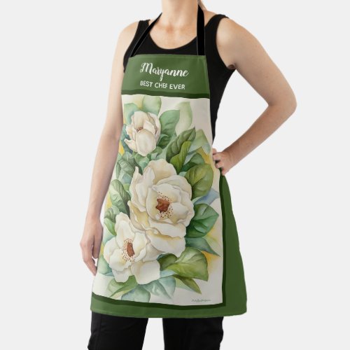 Floral Magnolia Add Name Green Watercolor Apron