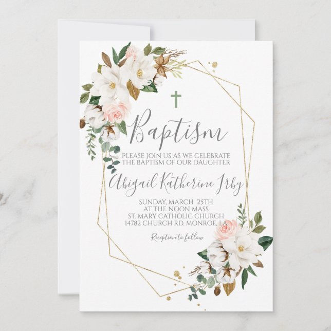 Floral Magnolia Baptism Invitation (Front)