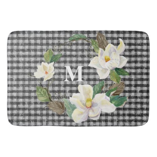 Floral Magnolia Black and White Check w Monogram Bath Mat