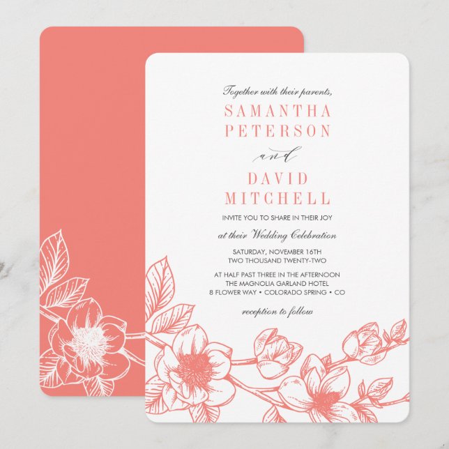 Floral Magnolia Branch | Coral  | Wedding Invitation (Front/Back)