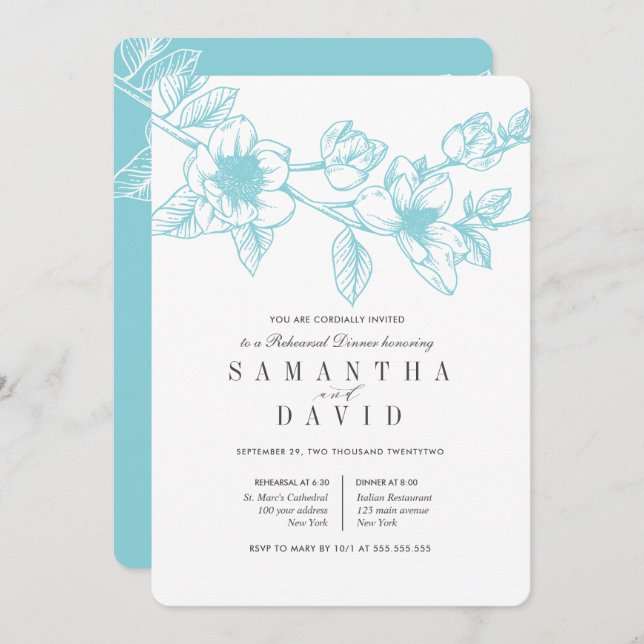 Floral Magnolia Branch Pale blue  Rehearsal Dinner Invitation (Front/Back)
