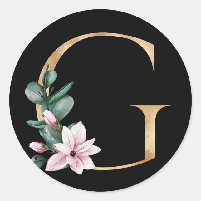 Floral magnolia monogram in gold letter G Classic Round Sticker (Front)