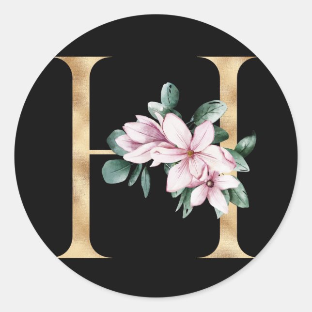 Floral magnolia monogram in gold letter H Classic Round Sticker (Front)