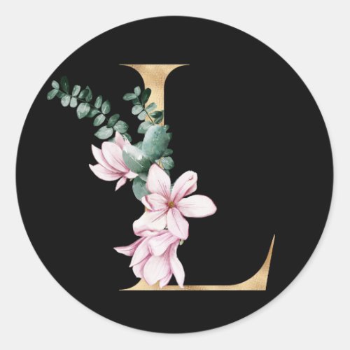 Floral magnolia monogram in gold letter L Classic Round Sticker