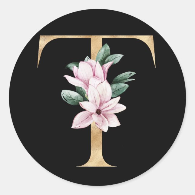 Floral magnolia monogram in gold letter T Classic Round Sticker (Front)