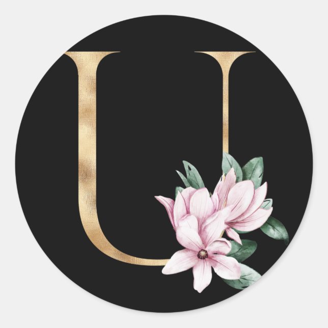 Floral magnolia monogram in gold letter U Classic Round Sticker (Front)