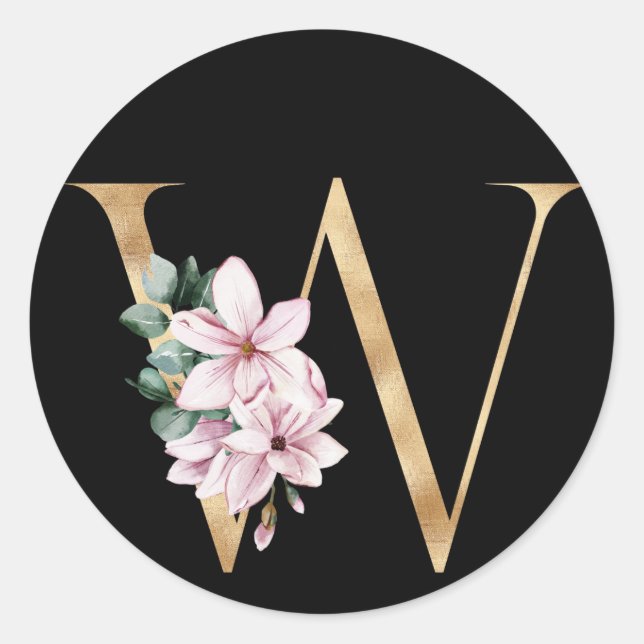 Floral magnolia monogram in gold letter W Classic Round Sticker (Front)