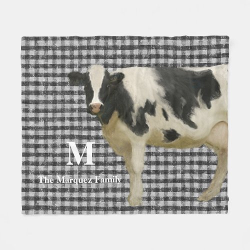 Floral Magnolia Monogram Rustic Black White Check Fleece Blanket