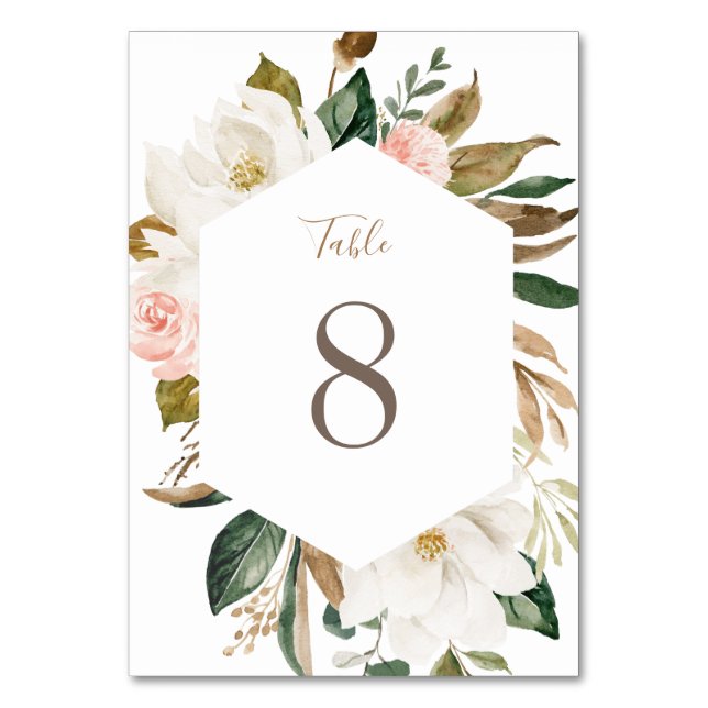 Floral Magnolia Neutral Beige Blush Table Number (Front)