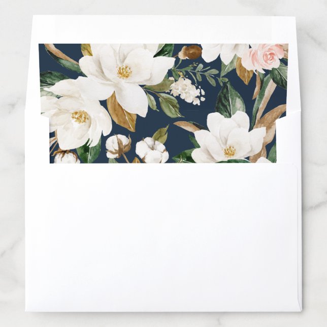 Floral Magnolia Neutral White Navy Blue Elegant Envelope Liner (In Envelope)