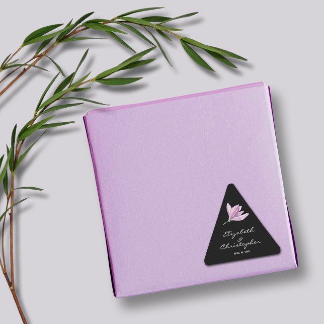 Floral Magnolia on Black Triangle Sticker (Magnolia Floral Wedding Favor Black Triangle Stickers)