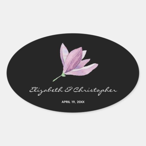Floral Magnolia on Black Wedding Oval Sticker