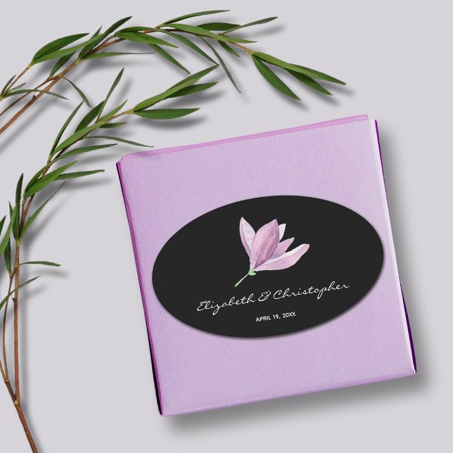 Floral Magnolia on Black Wedding Oval Sticker (Magnolia Floral Wedding Favor Black Oval Stickers)