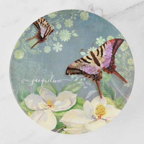Floral Magnolia Vintage Butterfly Watercolor Blue Trinket Tray