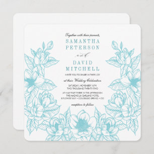 Floral Magnolia Wreath Pale Blue Wedding Invitation
