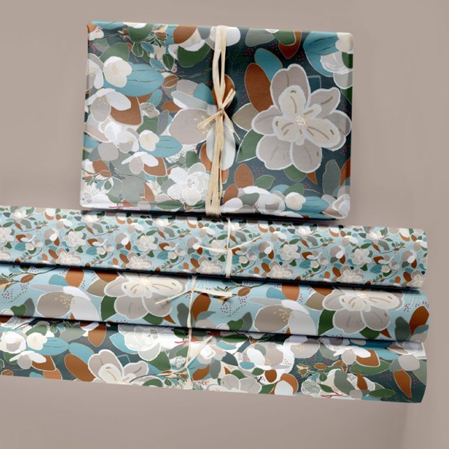 Floral Magnolias Decoupage Wrapping Paper Sheets (Modern Abstract Magnolia Floral Blue Gray Wrapping Paper Sheets from Studio Posies.)