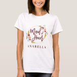 floral maid of honor bachelorette bridal shower T-Shirt<br><div class="desc">Watercolor blush pink, burgundy, sage green florals with gold effect geometric colorway maid of honor wedding honeymoon gift t-shirt. The perfect gift for your friend sister brother mom dad aunt uncle daughter son niece nephew gran grandad. On trend script text and modern watercolor graphics. Make your life easier with this...</div>