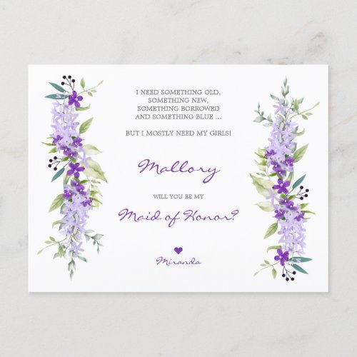 Floral maid of Honor Proposal in Lillac Shades Invitation Postcard