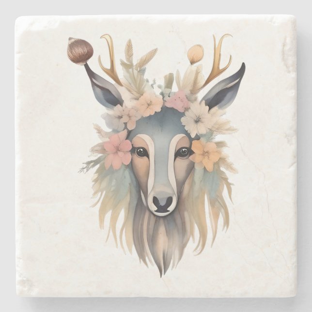 Floral Majesty: Deer with Blossoms and Feathers Stone Coaster (Front)