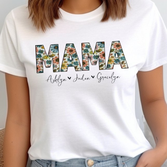 Floral Mama Kids Names Personalized Mothers Day  T-Shirt (Creator Uploaded)
