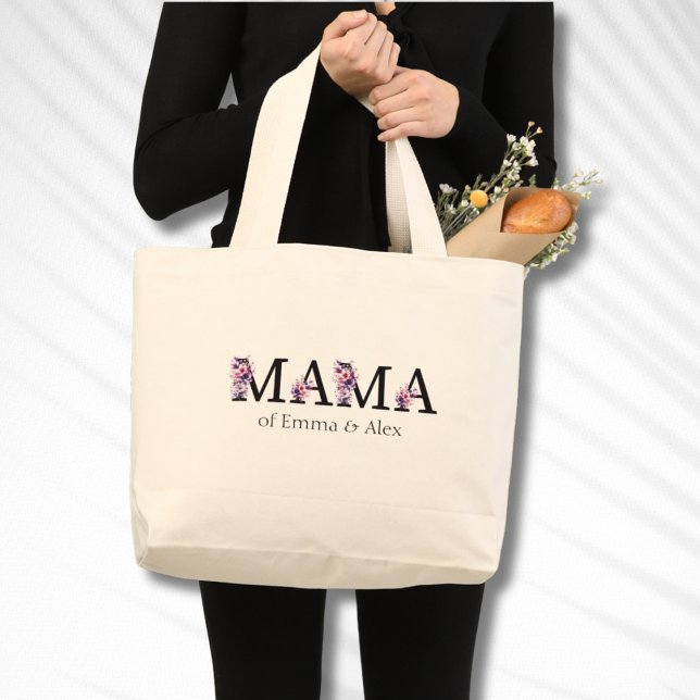 Floral Mama Text Personalized Kids Names Large Tote Bag (Creator Uploaded)