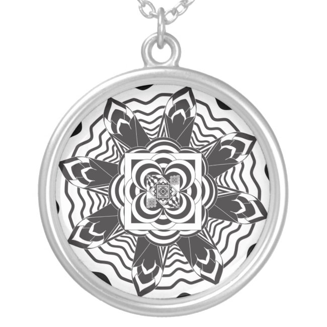 Floral Mandala Abstract Black and White Necklace