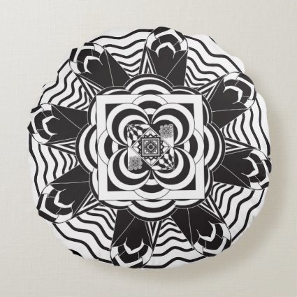 Floral Mandala Abstract Black White Round Pillow
