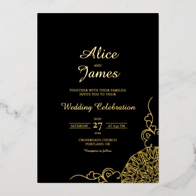 Floral Mandala Black Gold Foil Wedding Invitation (Front)