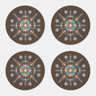 Floral Mandala Blue Mustard Brown Coaster Set