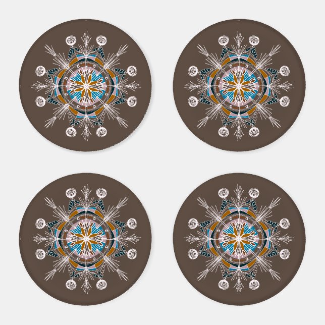 Floral Mandala Blue Mustard Brown Coaster Set (Set)