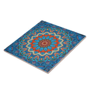 Floral Mandala Bohemien Blue Orange Elegant Ceramic Tile