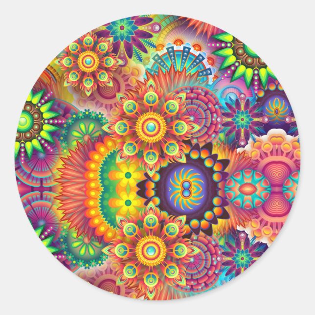 Floral Mandala Collage Psychedelic Classic Round Sticker (Front)