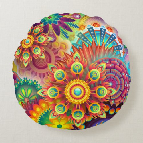 Floral Mandala Collage Psychedelic Round Pillow