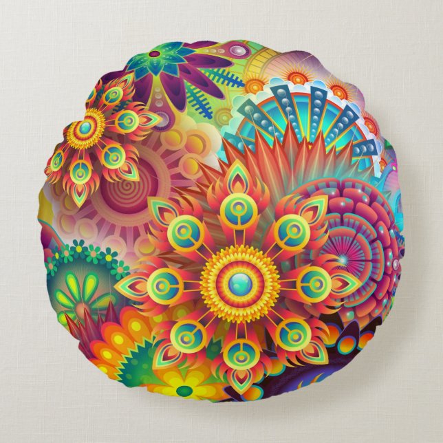 Floral Mandala Collage Psychedelic Round Pillow (Front)