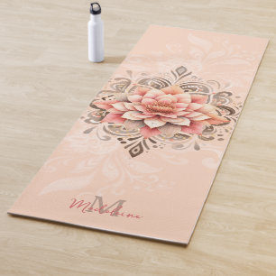 Floral Mandala Coral Pink Mocha Chic Name Monogram Yoga Mat
