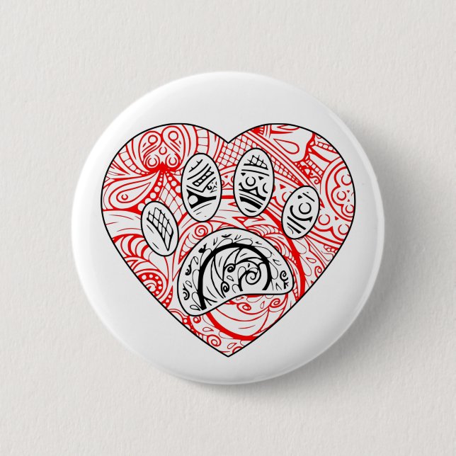 Floral Mandala Dog Paw Print Red Heart Button (Front)