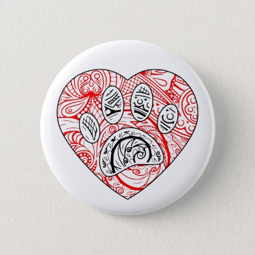 Floral Mandala Dog Paw Print Red Heart Button