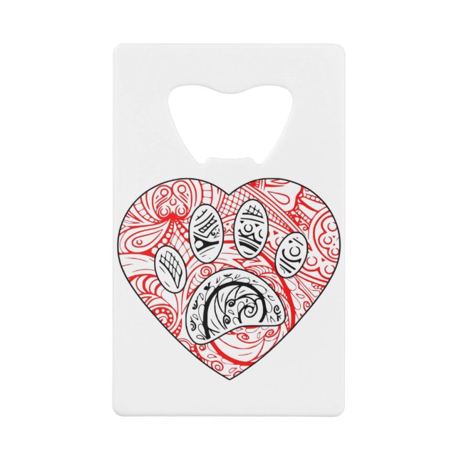Floral Mandala Dog Paw Print Red Heart Credit Card Bottle Opener (Front)