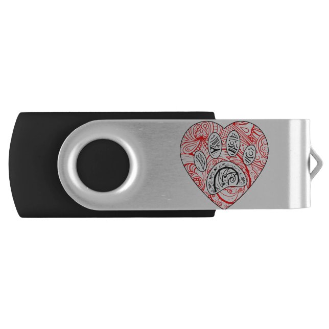 Floral Mandala Dog Paw Print Red Heart Flash Drive (Front)
