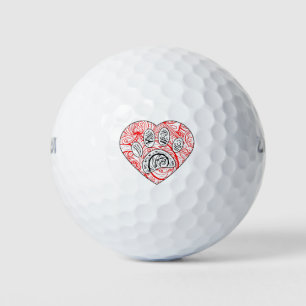 Floral Mandala Dog Paw Print Red Heart Golf Balls