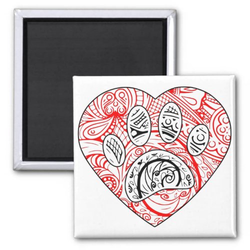Floral Mandala Dog Paw Print Red Heart Magnet