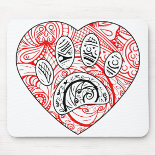 Floral Mandala Dog Paw Print Red Heart Mouse Pad