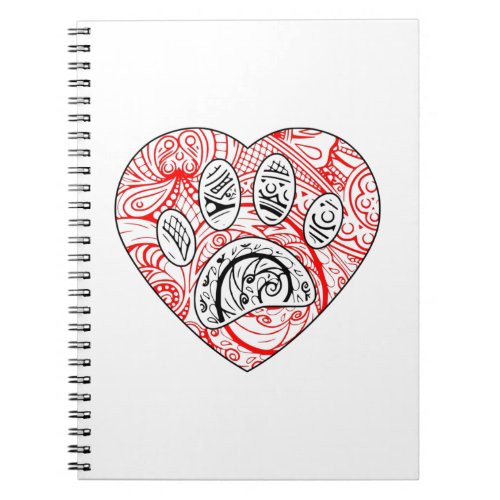 Floral Mandala Dog Paw Print Red Heart Notebook