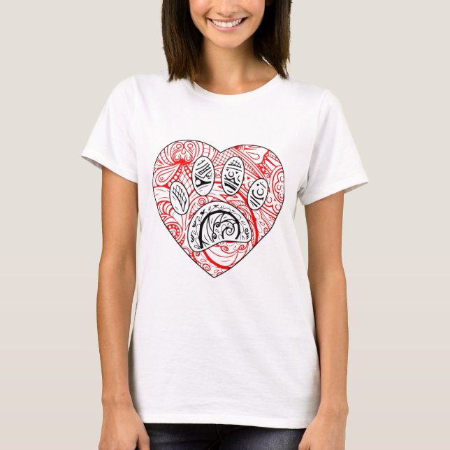 Floral Mandala Dog Paw Print Red Heart T-Shirt (Front)