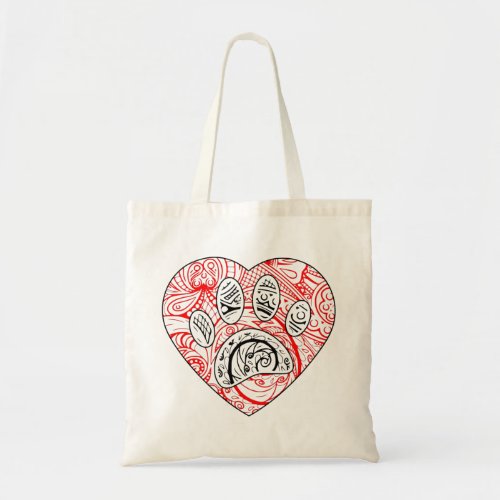 Floral Mandala Dog Paw Print Red Heart Tote Bag